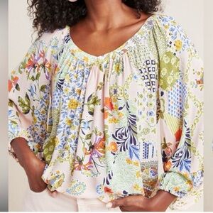 Maeve Anthropologie Boswell Paisley Floral Peasant Blouse Pink V-Neck Top Size 2
